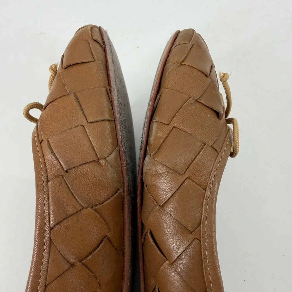 Tory Burch Carlyle Woven Leather Ballet Flats Brown Bow Logo Women's 7M